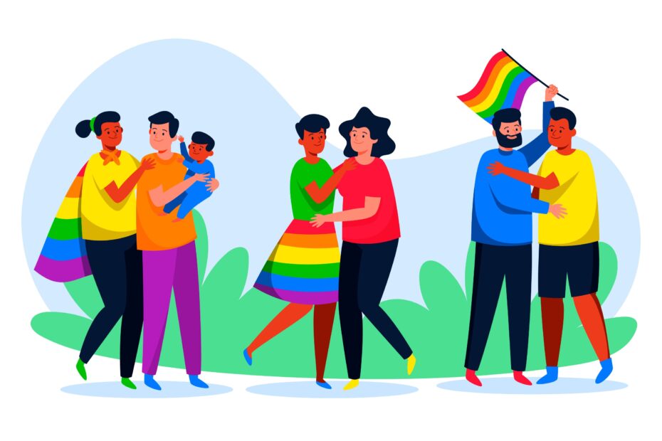 Representação em desenho da comunidade LGBTQIA+. Em destaque bandeiras da comunidade lgbt e pessoas felizes se abraçando