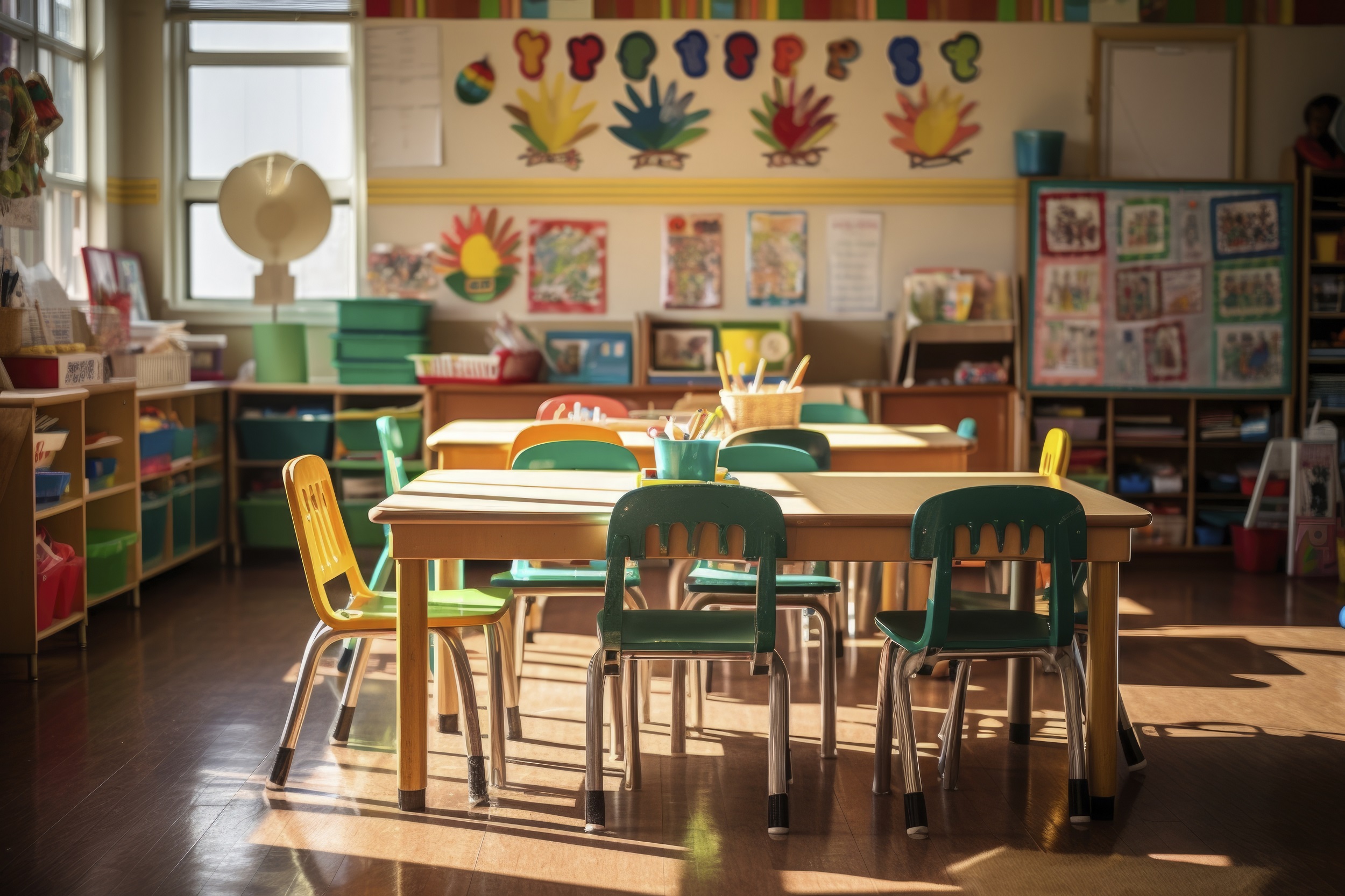 Imagem de Freepik gerada por IA, mostra sala de aula infantil e colorida